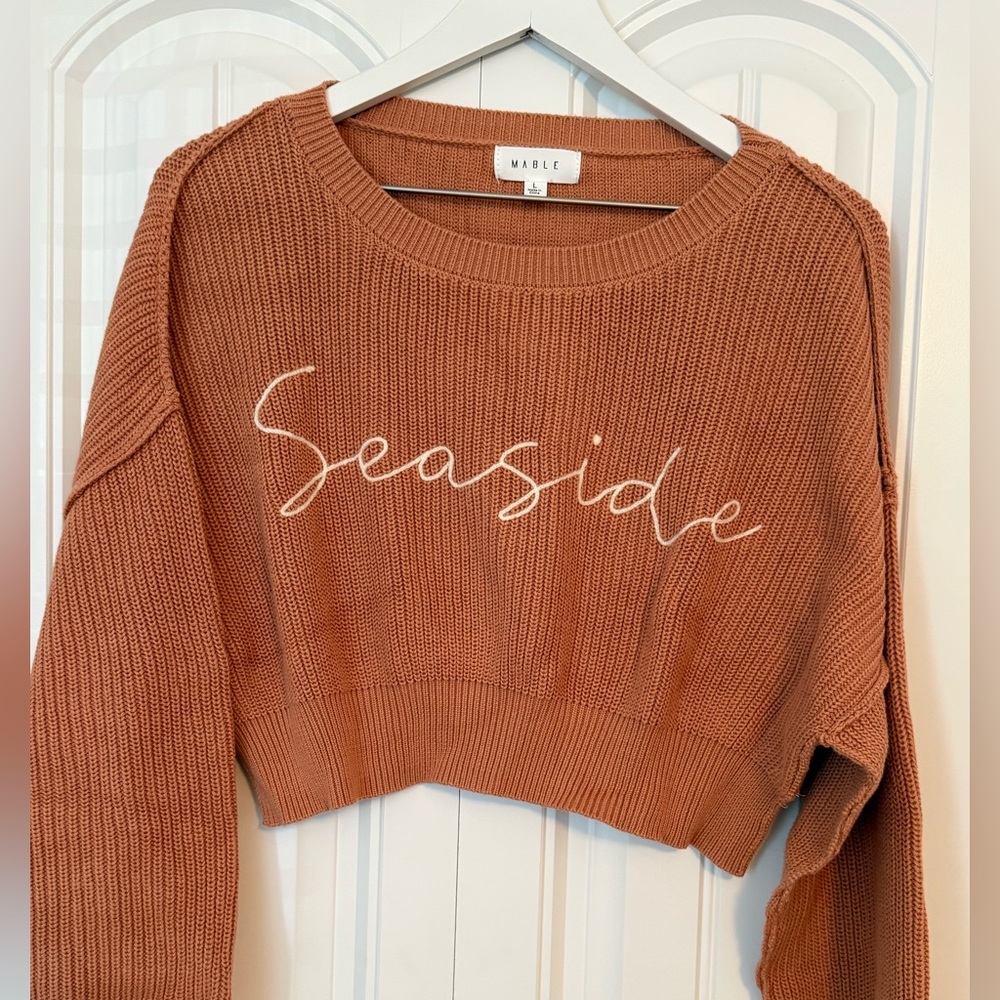 Anthropologie Mable Seaside Script Sweater Size Large Cropped